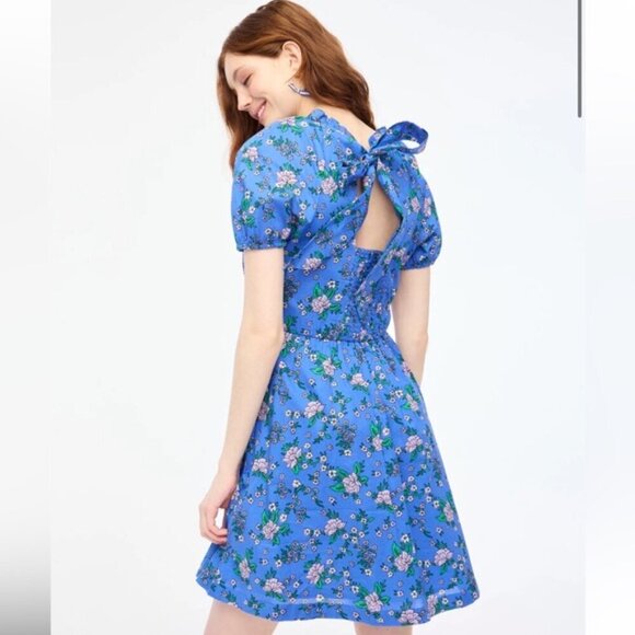 J Crew Factory Puff Sleeve Tie Back Mini Dress Blue Floral 6 - Picture 2 of 8
